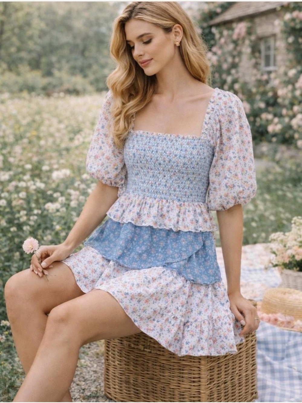 NWT LoveShackFancy Shaw Cottagecore Smocked Tiered Floral Mini Dress XS